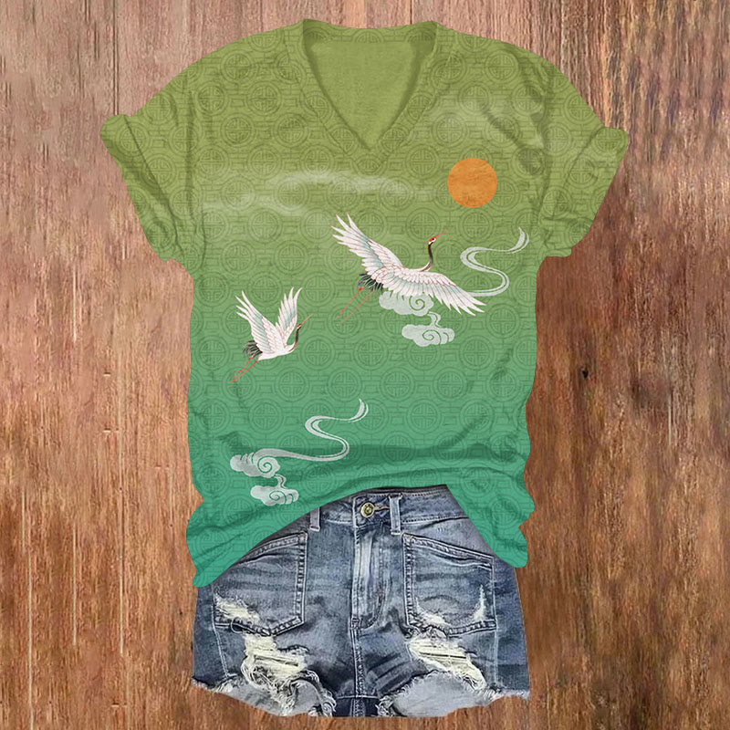 Japanese Vintage Cranes Print V-neck T-shirt - Green - US32-34(5XL) - image 2