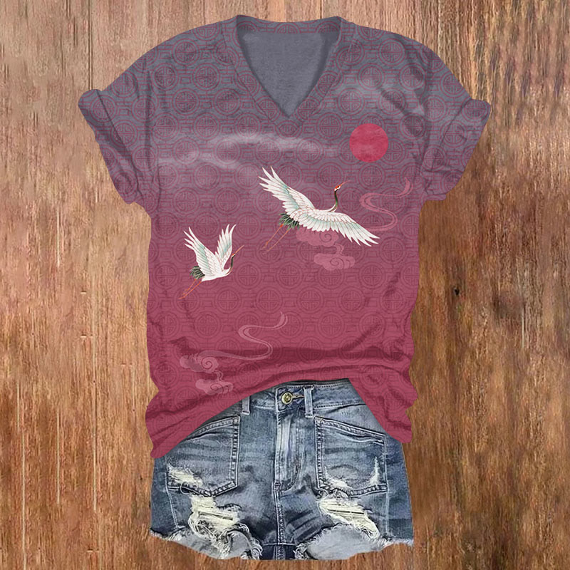 Japanese Vintage Cranes Print V-neck T-shirt - Rose - US32-34(5XL) - image 1