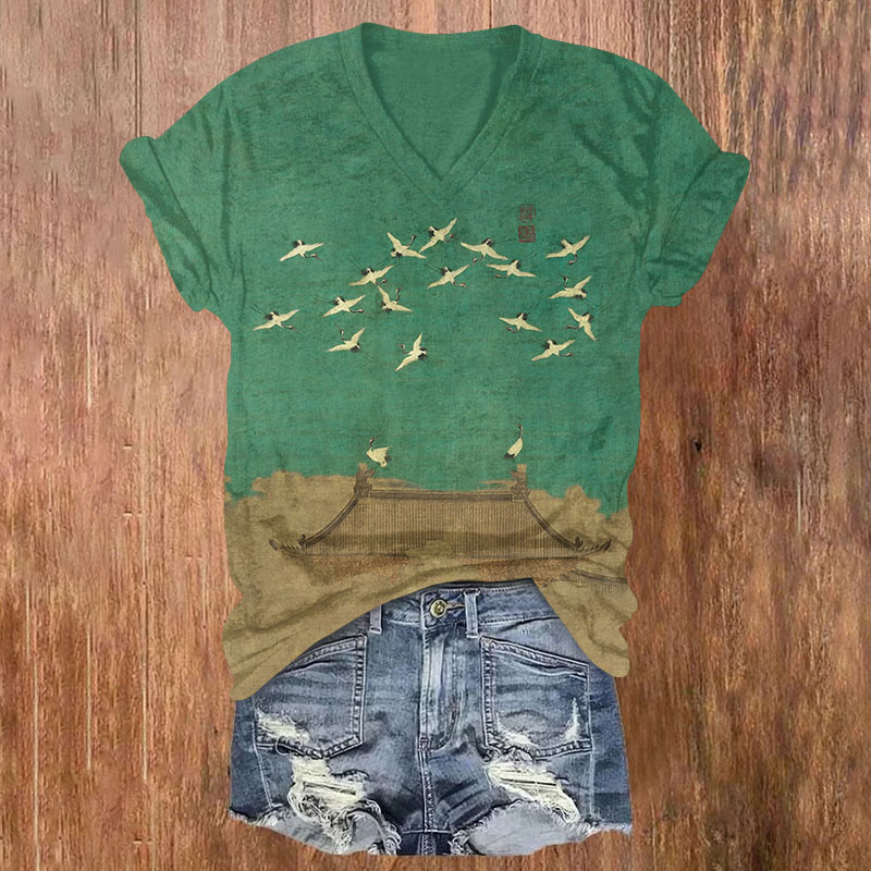 Print V-neck T-shirt - Green - US32-34(5XL) - image 2