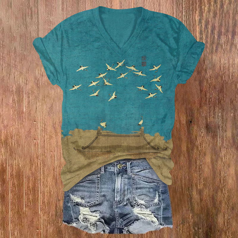 Print V-neck T-shirt - Lake Blue - US32-34(5XL) - image 1
