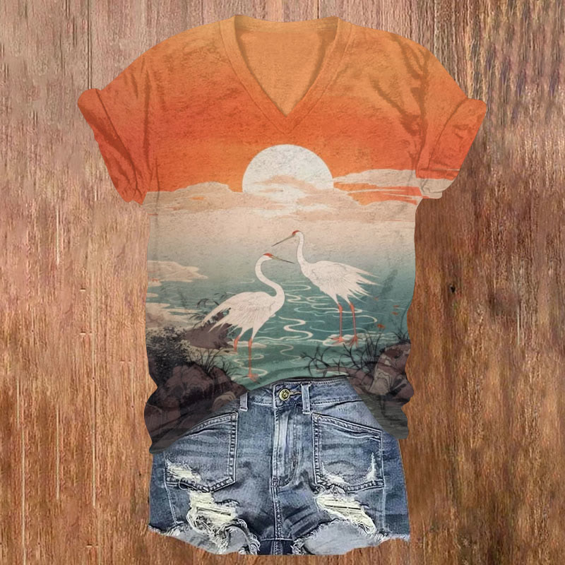 Japanese Cranes Under Sunset Print v-neck T-Shirt - Orange - US32-34(5XL) - image 1