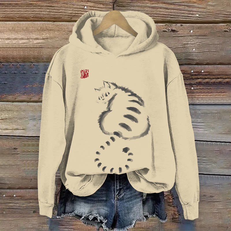 100% Cotton Women's Ink Cat Japanese Art Print Hoodie - Apricot - US16-18(2XL) - image 1