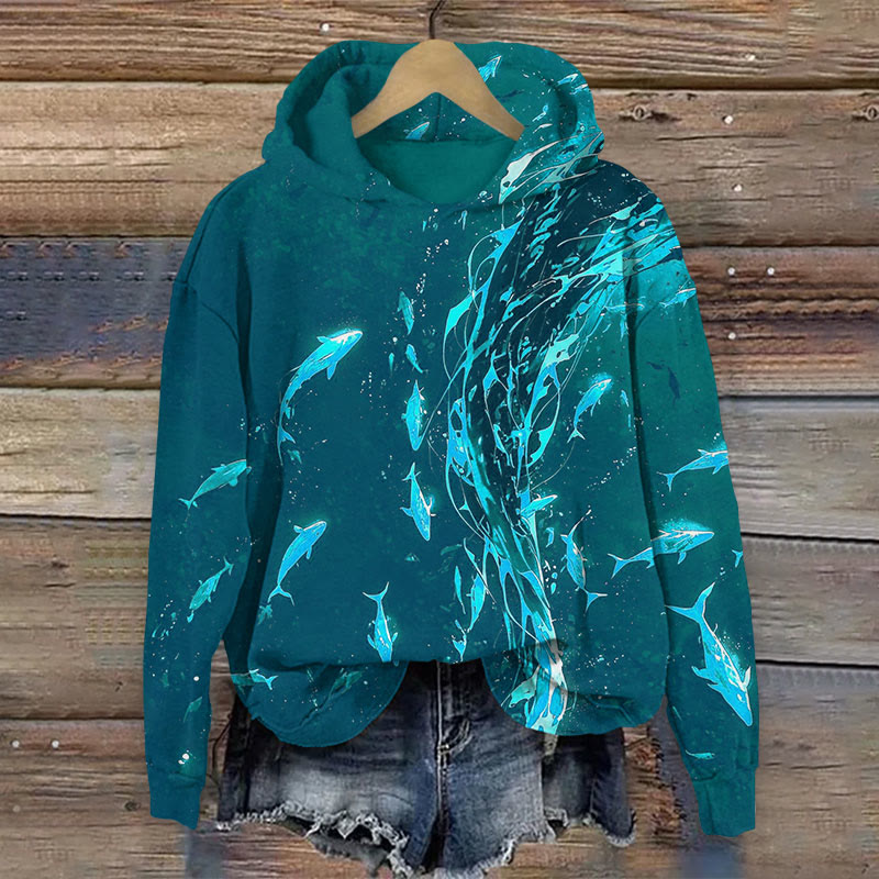Ocean School Of Fishes Print Long Sleeve Hoodie - Dark Green - US44-46(8XL) - image 2