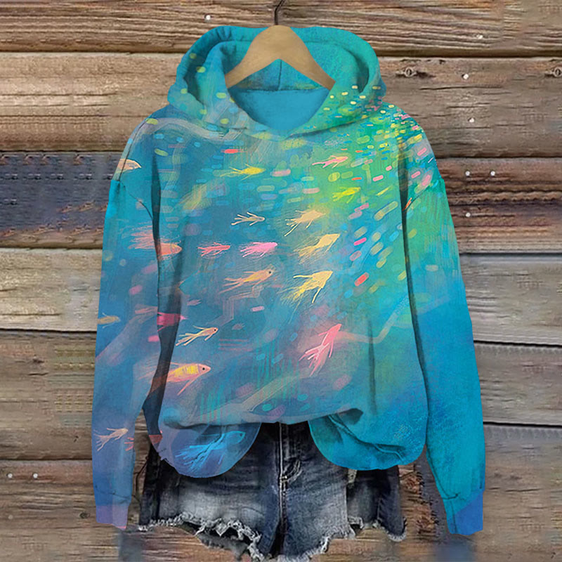 Colorful School Of Fishes Print Long Sleeve Hoodie - Blue - US44-46(8XL) - image 1