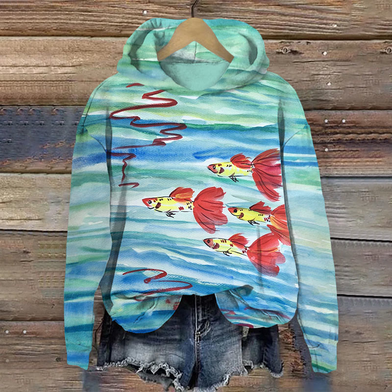 School Of Fishes Print Long Sleeve Hoodie - Green - US44-46(8XL) - image 1