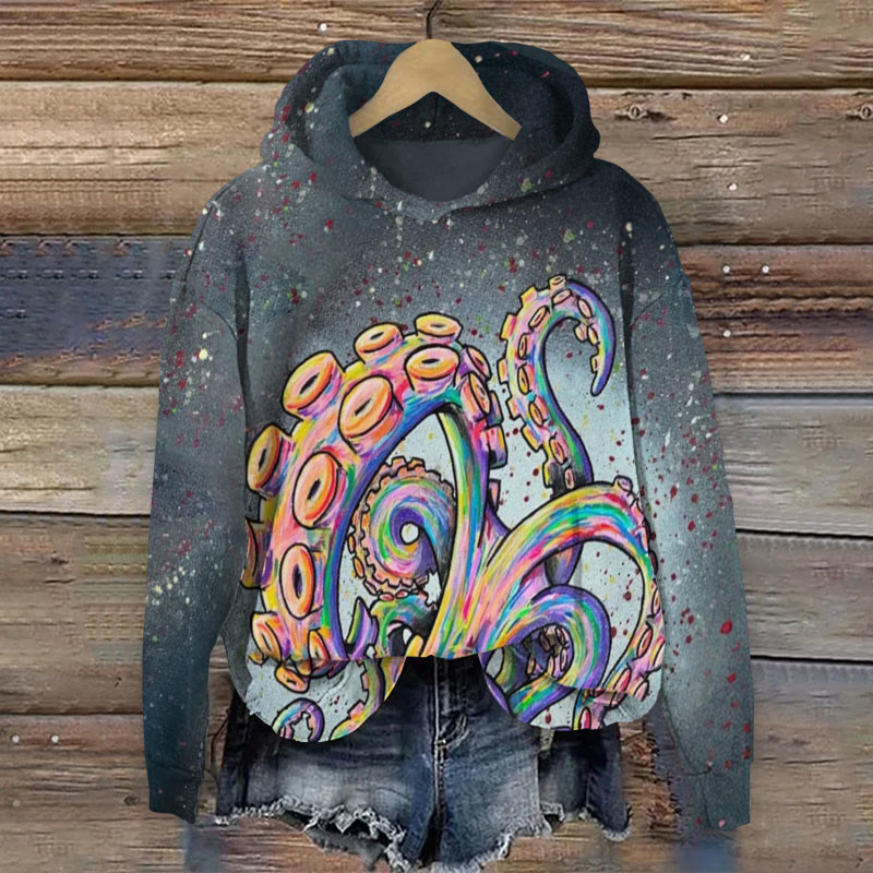 Colorful Octopus Art Print Long Sleeve Hoodie - Dark Grey - US44-46(8XL) - image 1