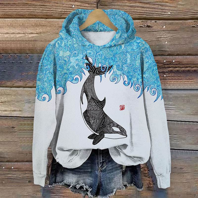 Japanese Vintage Killer Whale Art Print Long Sleeve Hoodie - White - US44-46(8XL) - image 1