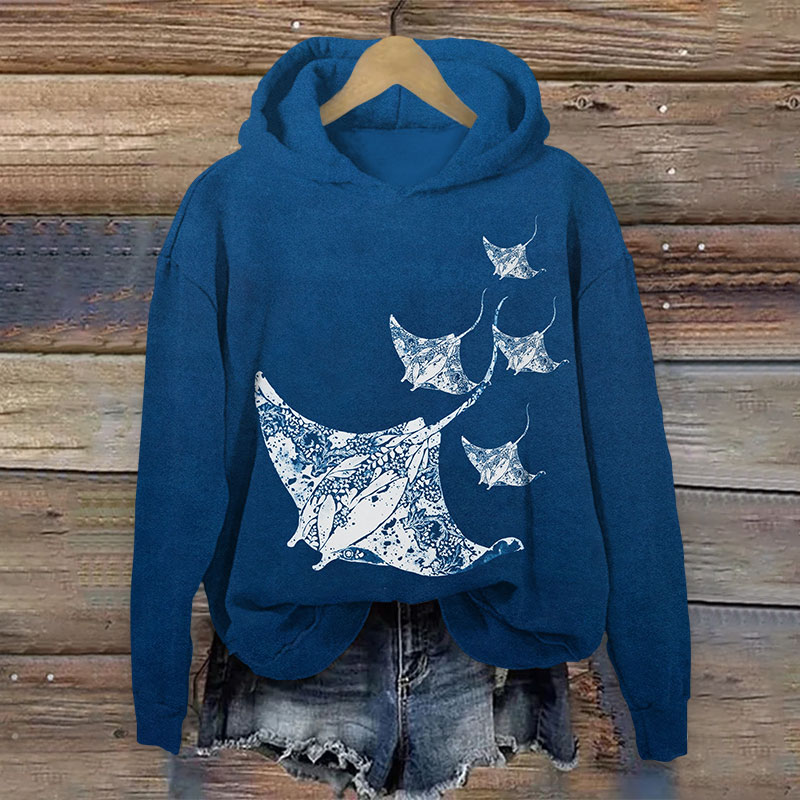 Japanese Abstract Ocean Ray Print Long Sleeve Hoodie - Blue - US44-46(8XL) - image 1