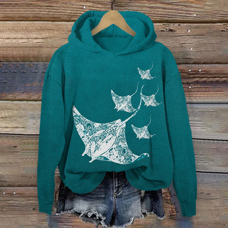 Japanese Abstract Ocean Ray Print Long Sleeve Hoodie - Green - US44-46(8XL) - image 2