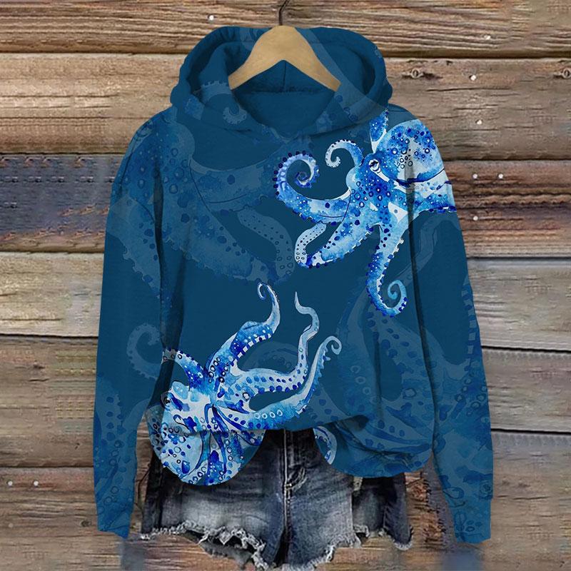 Vintage Blue Watercolor Octopus Print Long Sleeve Hoodie - Blue - US44-46(8XL) - image 2