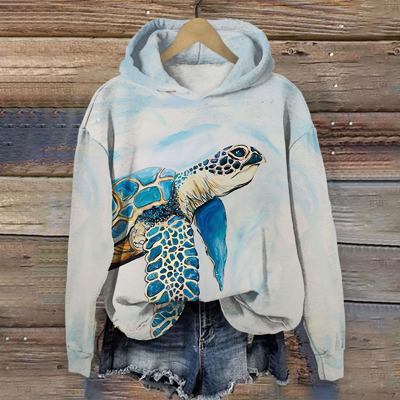 Japanese Sapphire Sea Turtle Print Long Sleeve Hoodie - Light Gray - US44-46(8XL) - image 1