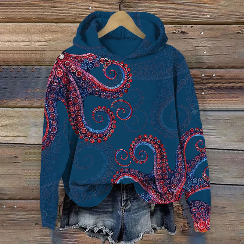 Japanese Retro Ethnic Octopus Tentacles Print Long Sleeve Hoodie - Blue - US44-46(8XL) - image 2