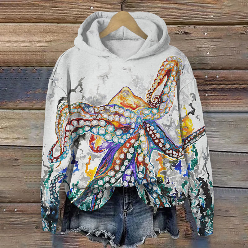 Watercolor colorful octopus print Long Sleeve Hoodie - Beige - US44-46(8XL) - image 1