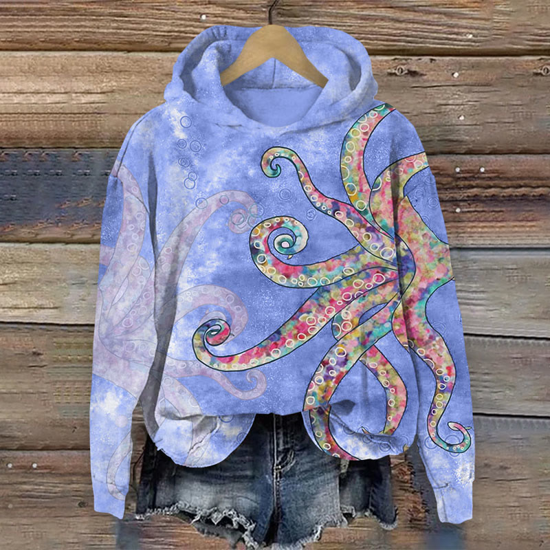 Watercolor Octopus Art Print Long Sleeve Hoodie - Blue - US44-46(8XL) - image 1