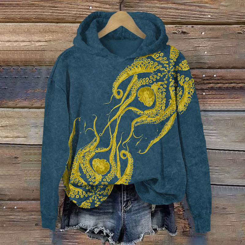 Art octopus Print Long Sleeve Hoodie - Navy Blue - US44-46(8XL) - image 1