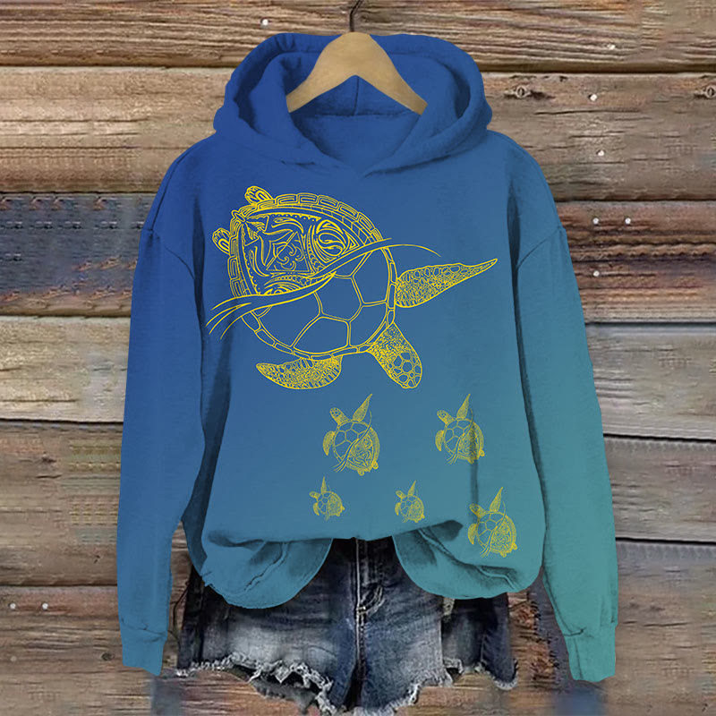  Gradient dye ocean turtle print Long Sleeve Hoodie - Lake Blue - US44-46(8XL) - image 1