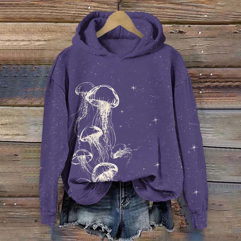 Jellyfish Swimming In A Star Speckled Universe Print Long Sleeve Hoodie - Purple - US44-46(8XL) - image 2