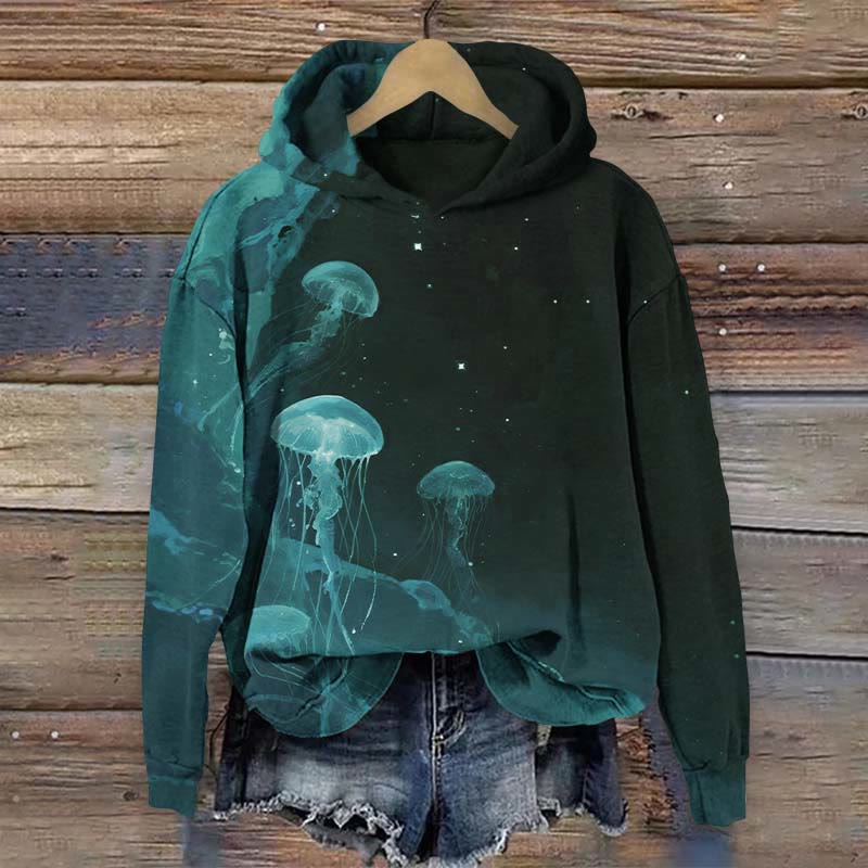 Glowing Jellyfish Amongst Stardust Print Long Sleeve Hoodie - Green - US44-46(8XL) - image 1