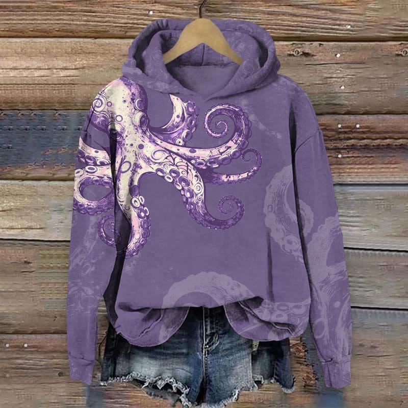 Vintage Style Octopus Art Print Long Sleeve Hoodie - Purple - US44-46(8XL) - image 2