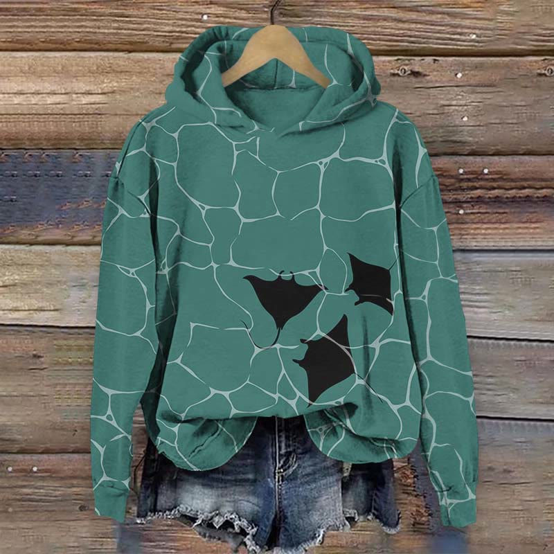 Ocean Stingray & Water Ripple Art Print Long Sleeve Hoodie - Green - US44-46(8XL) - image 1