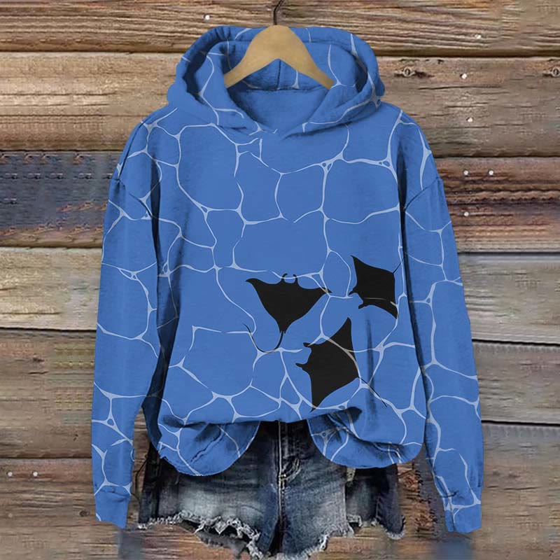 Ocean Stingray & Water Ripple Art Print Long Sleeve Hoodie - Blue - US44-46(8XL) - image 2