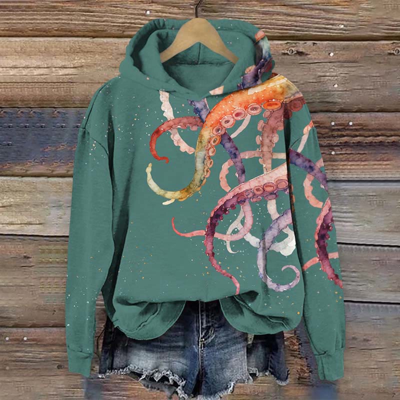 Colorful Octopus Watercolor Art Print Long Sleeve Hoodie - Green - US44-46(8XL) - image 1