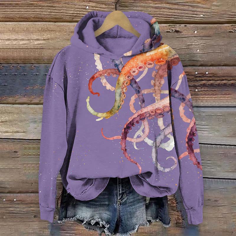 Colorful Octopus Watercolor Art Print Long Sleeve Hoodie - Purple - US44-46(8XL) - image 4