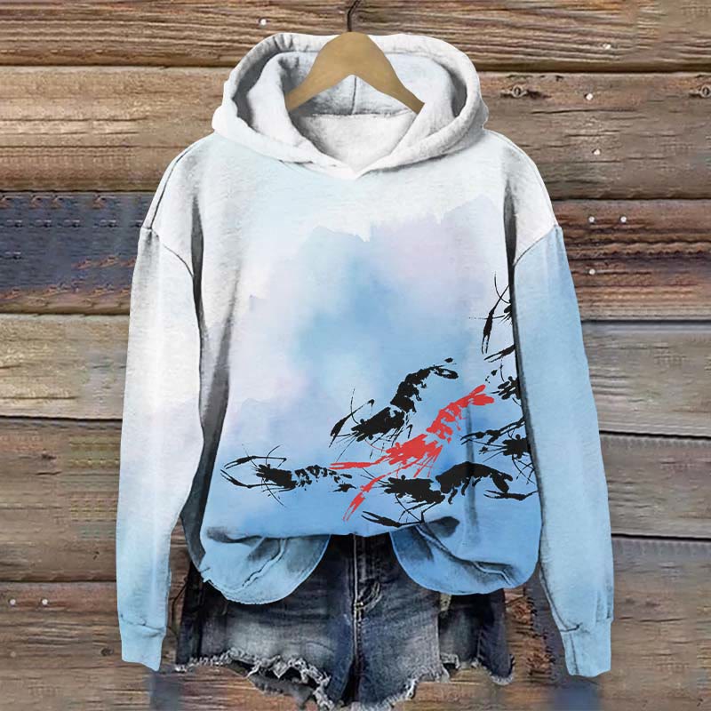 Gradient Hoodie With Ink Style Shrimp Print Long Sleeve Hoodie - Blue - US44-46(8XL) - image 2