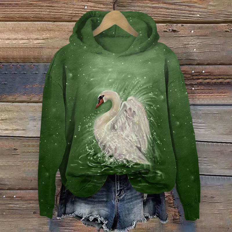 Art Swan At Night  Print Long Sleeve Hoodie - Dark Green - US44-46(8XL) - image 2