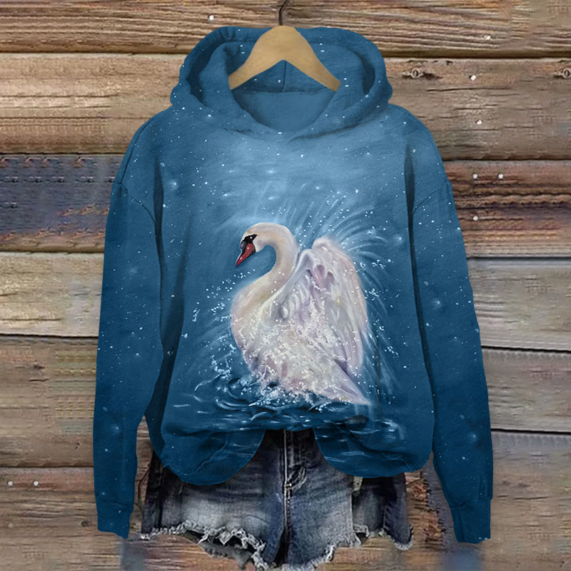 Art Swan At Night  Print Long Sleeve Hoodie - Navy Blue - US44-46(8XL) - image 1