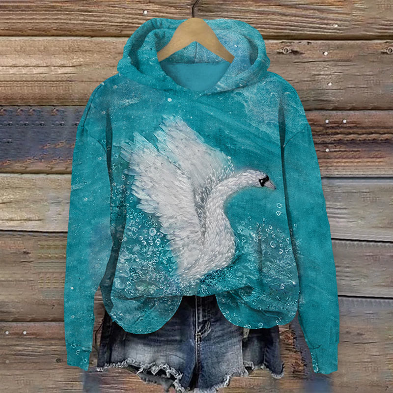 Colorblock Art Swan Taking Offprint Long Sleeve Hoodie - Lake Blue - US44-46(8XL) - image 2
