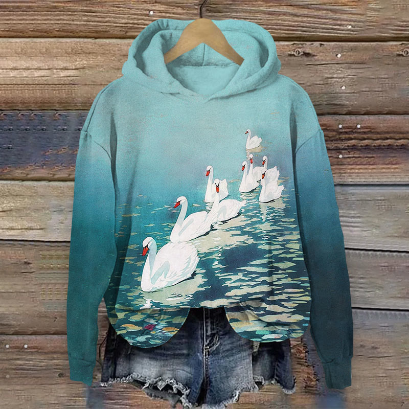  A Group Of Swans Parading In The River Print Long Sleeve Hoodie - Green - US44-46(8XL) - image 2