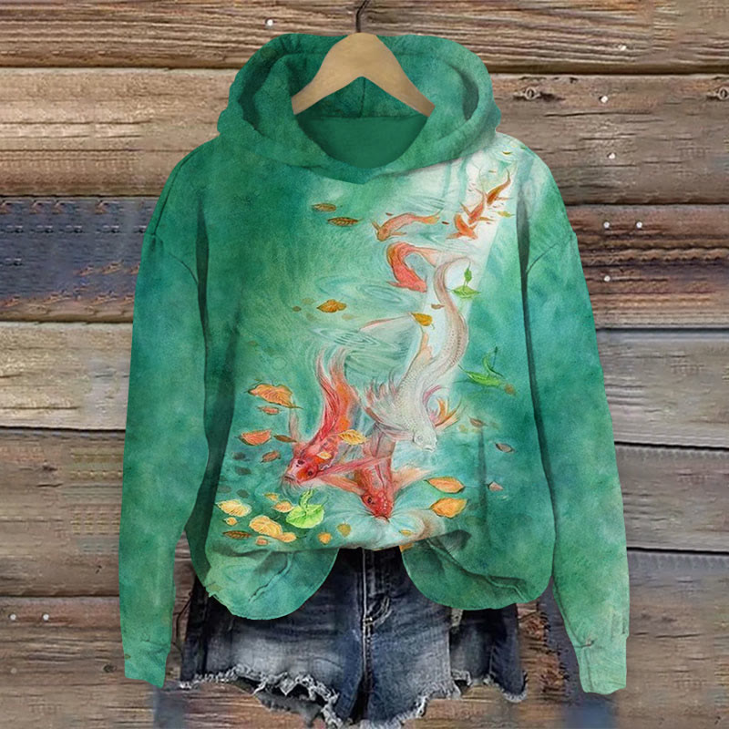 School Of Fish Swim Print Long Sleeve Hoodie - Green - US44-46(8XL) - image 2