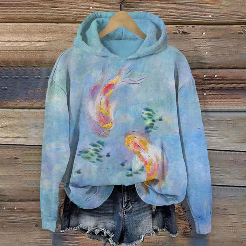Watercolor Art Fish In Pond Print Long Sleeve Hoodie - Blue - US44-46(8XL) - image 1