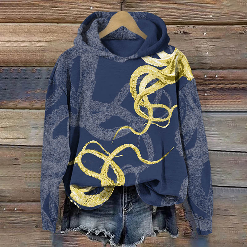 Vintage Contrasting Color Octopus Tentacles Art Print Long Sleeve Hoodie - Blue - US44-46(8XL) - image 2