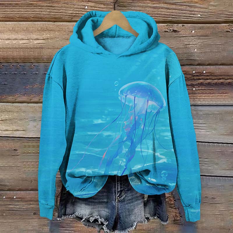 Ombre Fantasy Jellyfish Art Print Long Sleeve Hoodie - Blue - US44-46(8XL) - image 1