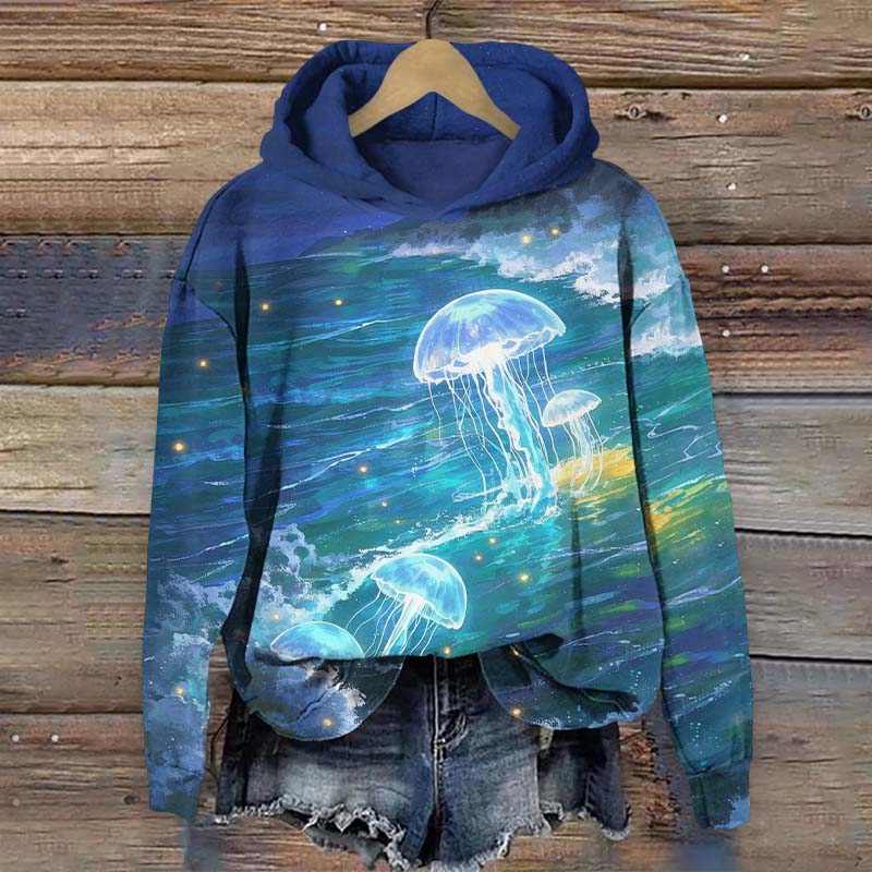 Fantasy Glowing Jellyfish Over The Ocean Art Print Long Sleeve Hoodie - Blue - US44-46(8XL) - image 1