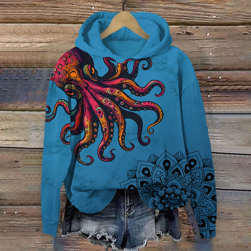 Retro Ethnic Floral Octopus Art Print Long Sleeve Hoodie - Blue - US44-46(8XL) - image 1