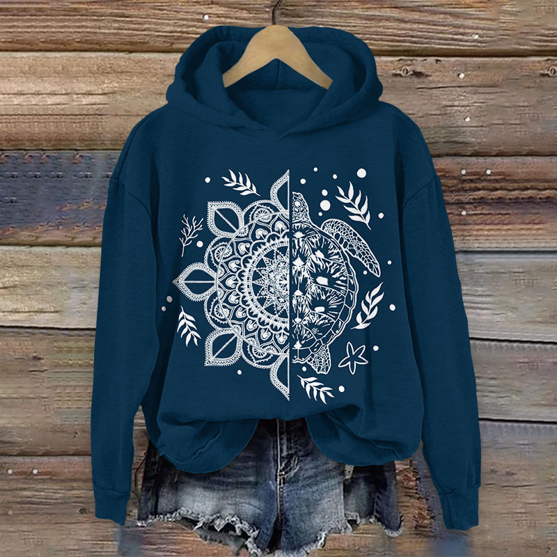 Creative Floral Turtle Art Print Long Sleeve Hoodie - Navy Blue - US44-46(8XL) - image 1