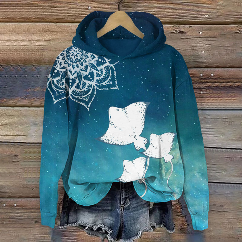 Ombre Abstract Ocean Ray & Flower Art Print Long Sleeve Hoodie - Green - US44-46(8XL) - image 1