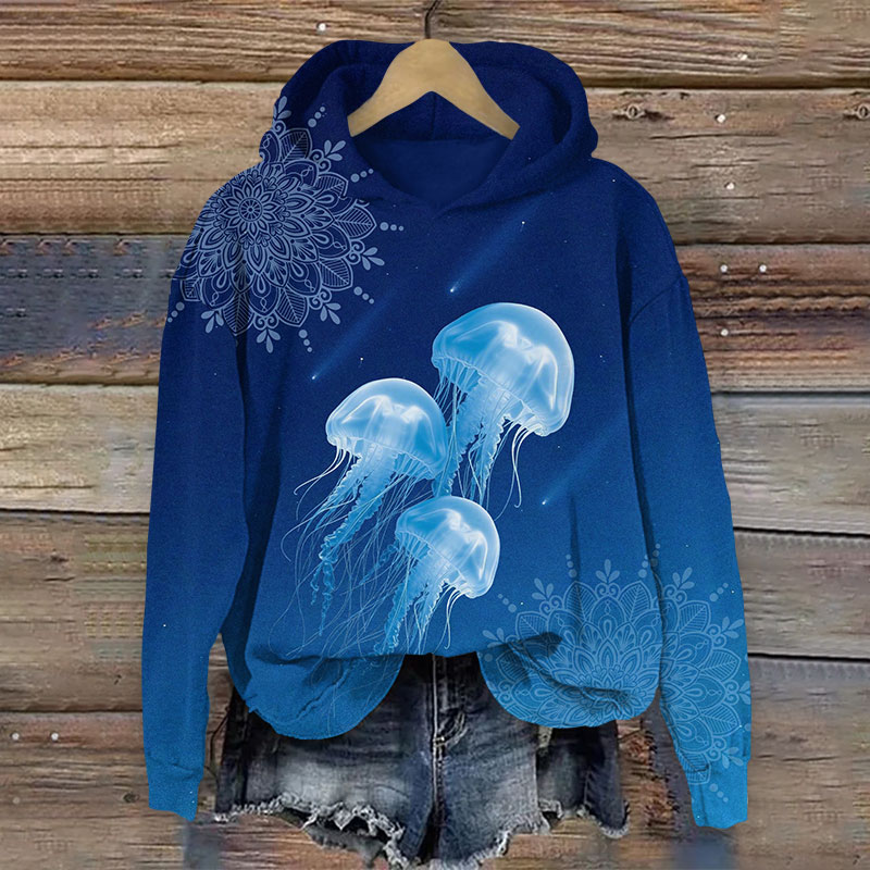 Vintage Floral Abstract Transparent Jellyfish Art Print Long Sleeve Hoodie - Blue - US44-46(8XL) - image 1