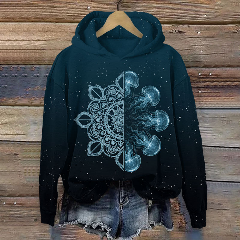 Creative Starry Floral Jellyfish Art Print Long Sleeve Hoodie - Dark Green - US44-46(8XL) - image 1