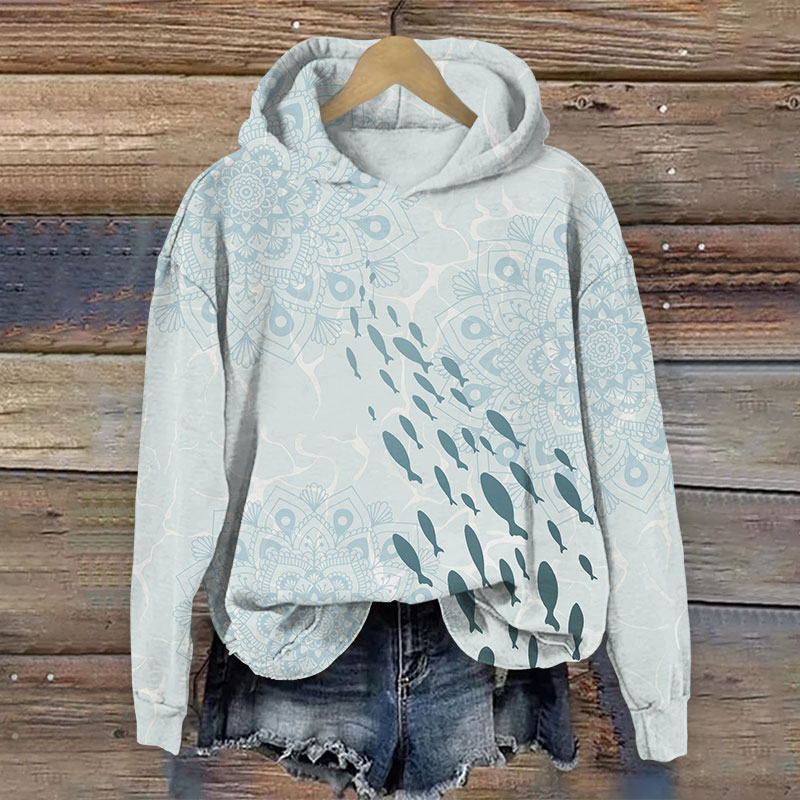 Retro Floral Small Golden Fish School Art Print Long Sleeve Hoodie - Light Gray - US44-46(8XL) - image 2