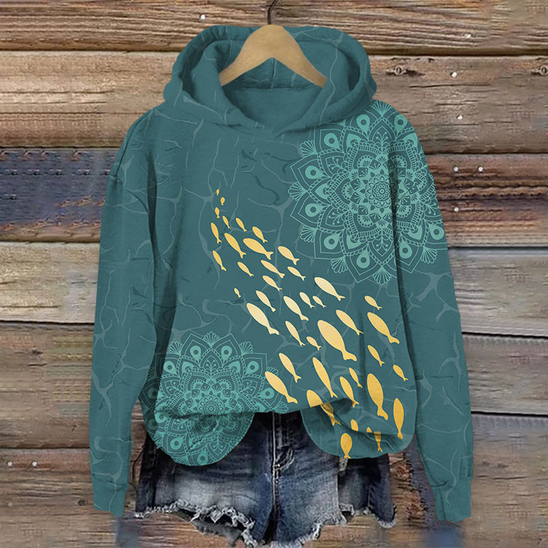 Retro Floral Small Golden Fish School Art Print Long Sleeve Hoodie - Green - US44-46(8XL) - image 1