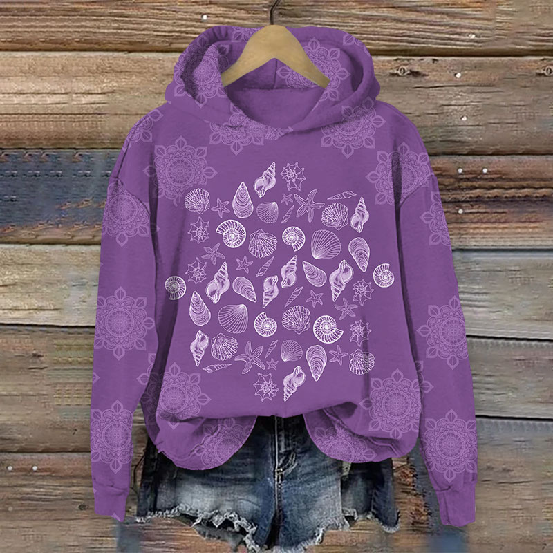 Vintage Floral & Shells Art Print Long Sleeve Hoodie - Purple - US44-46(8XL) - image 2