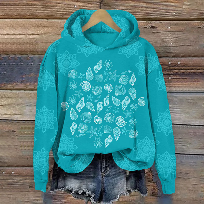 Vintage Floral & Shells Art Print Long Sleeve Hoodie - Green - US44-46(8XL) - image 1