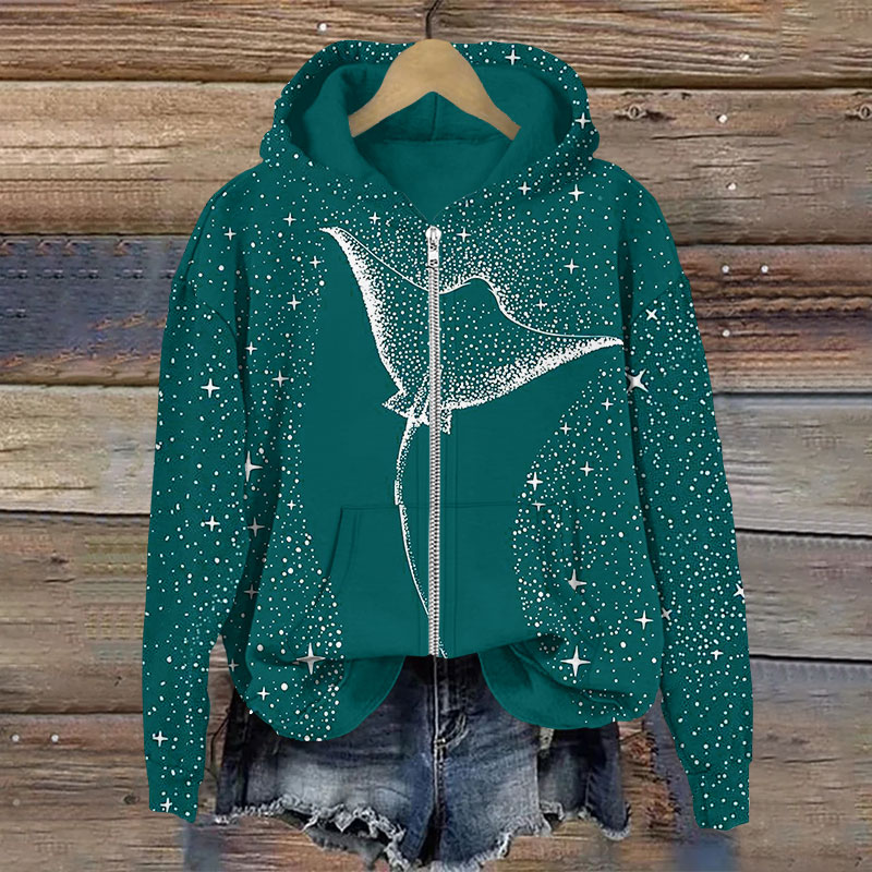 Starry Spotted Eagle Rays Print Long Sleeve Zipper Hoodie - Green - US28-30(4XL) - image 2
