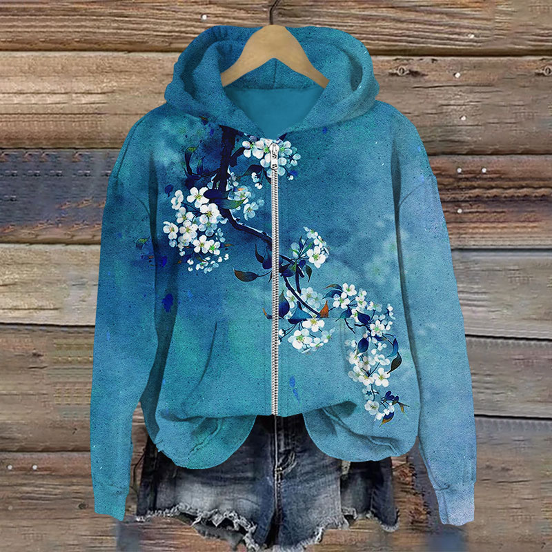 Japanese Antique Pear Blossom Ink Painting Print Long Sleeve Zipper Hoodie - Blue - US28-30(4XL) - image 2