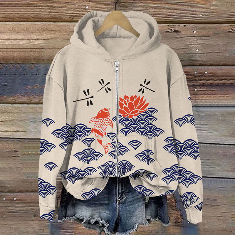 Japanese Style Koi Fish Dragonfly Wave Print Long Sleeve Zipper Hoodie - Khaki - US28-30(4XL) - image 1