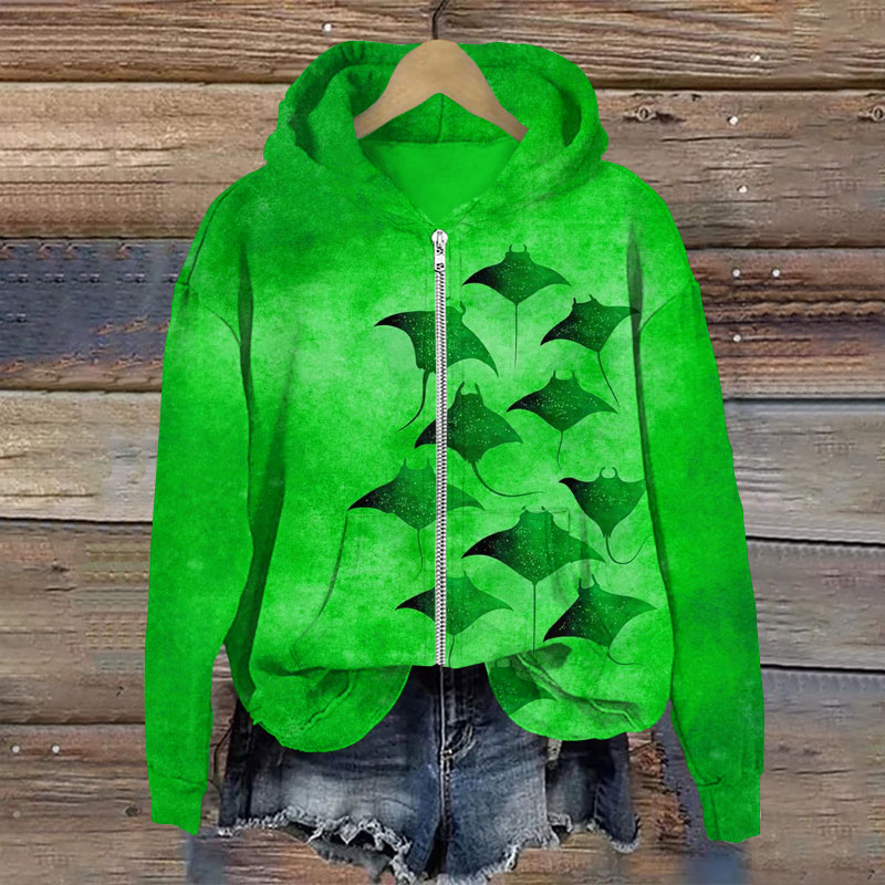 Vintage Manta Ray Art Print Long Sleeve Zipper Hoodie - Green - US28-30(4XL) - image 2